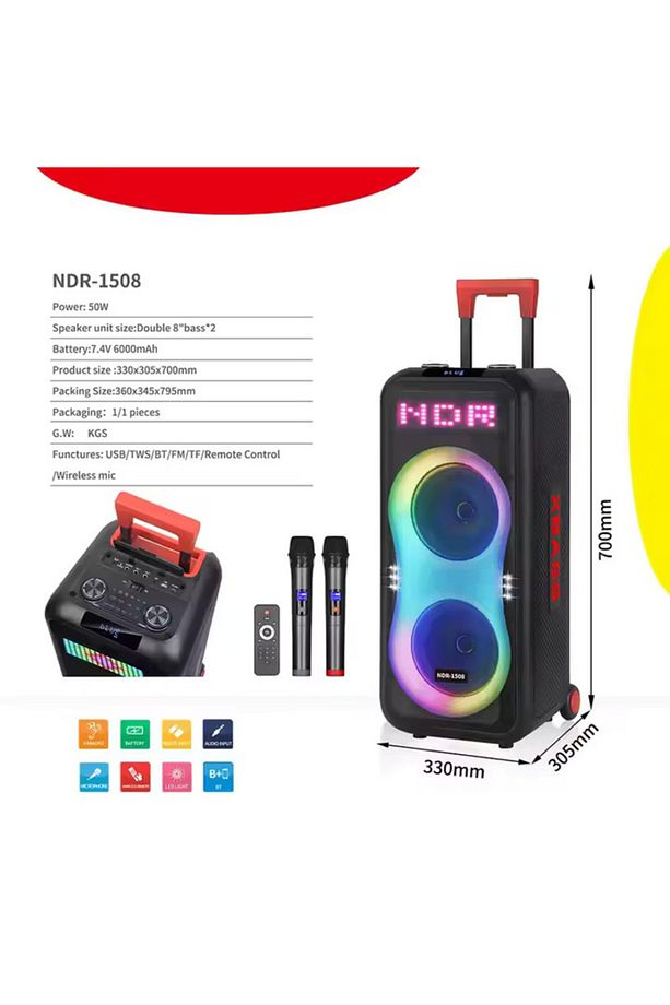 DEV PARTY SPEAKER ÇİFT KABLOSUZ MİKROFONLU ŞARJLI BLUETOOTH HOPARLÖR RGB IŞIKLI TEKERLEKLİ HOPARLÖR - 2