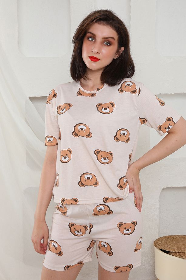Yazlık Desenli Loose Crop Şortlu Pijama Takım - 2