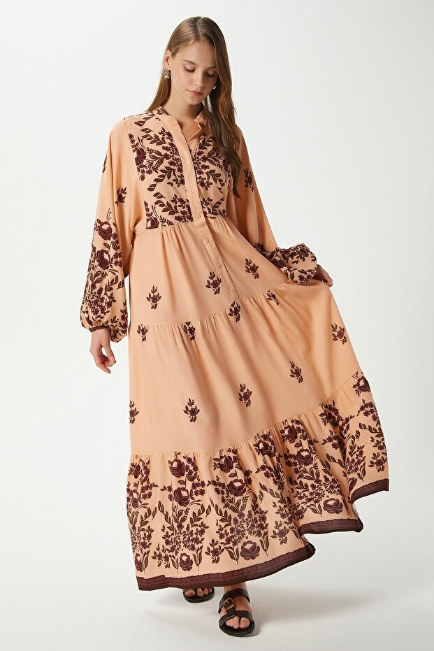 Modest Rosabella Powder Women's 100% Viscose Maxi Length Layered Balloon Sleeve Long Summer Dress