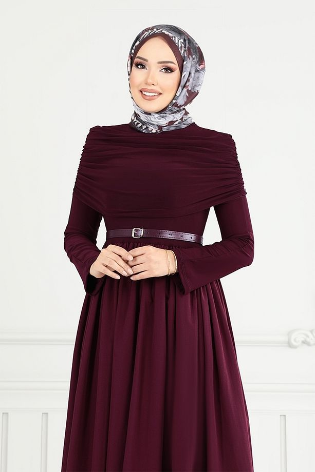 Drape Detay Tesettür Elbise 2421ANT904-M Bordo - 3