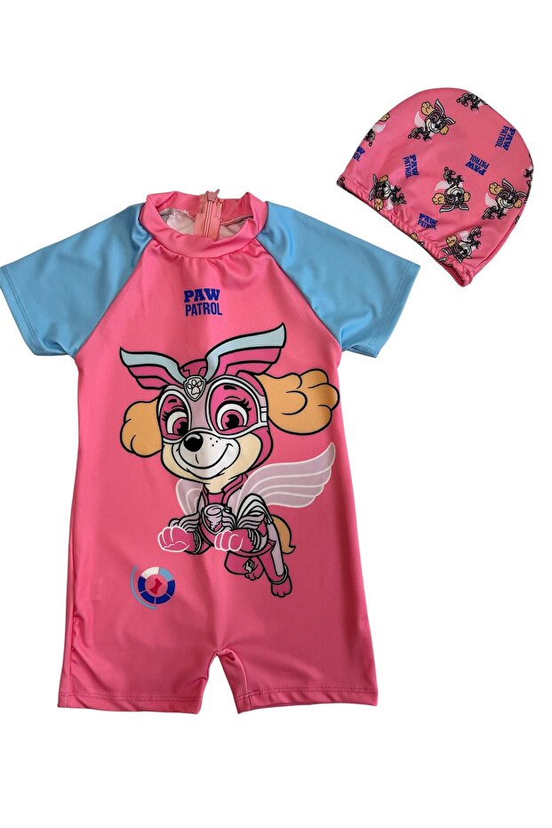 Girl's Character Patterned Pink-Blue Checkered Jumpsuit Swimsuit