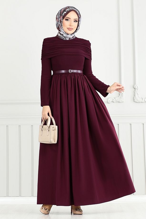 Drape Detay Tesettür Elbise 2421ANT904-M Bordo - 2