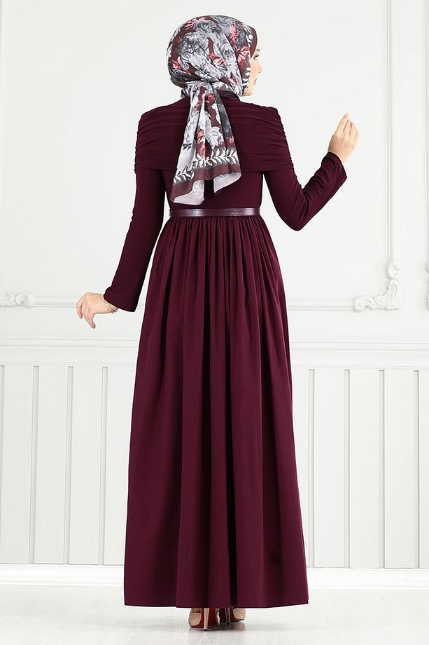 Drape Detay Tesettür Elbise 2421ANT904-M Bordo - 4