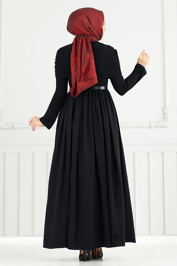 Drape Detay Tesettür Elbise 2421ANT904-M Siyah - 4