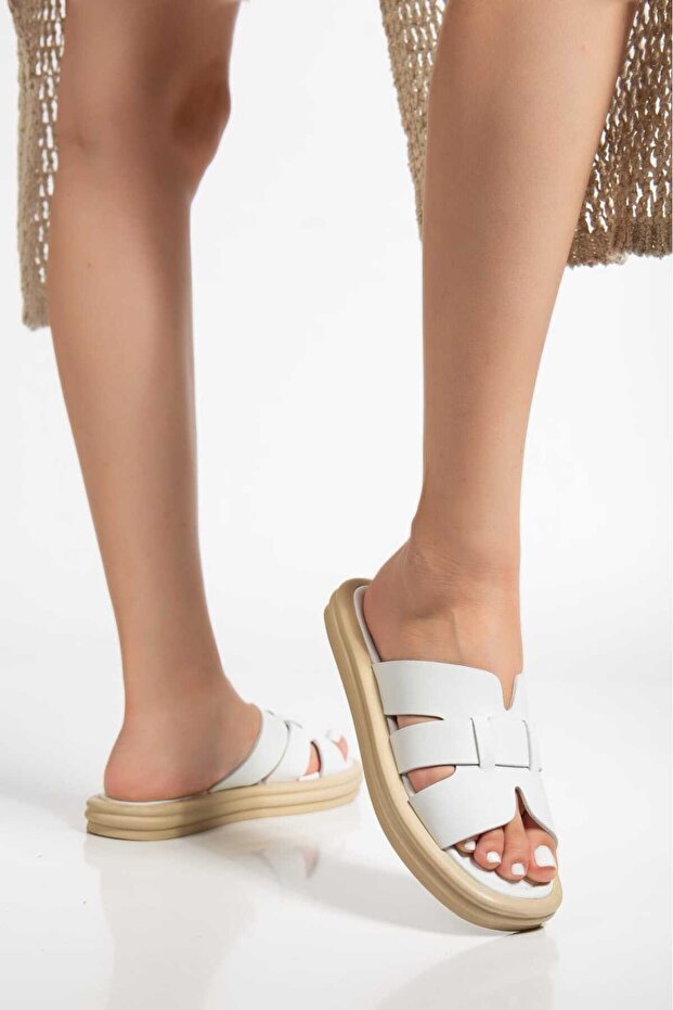 WHITE GENUINE LEATHER WOMEN SLIPPERS