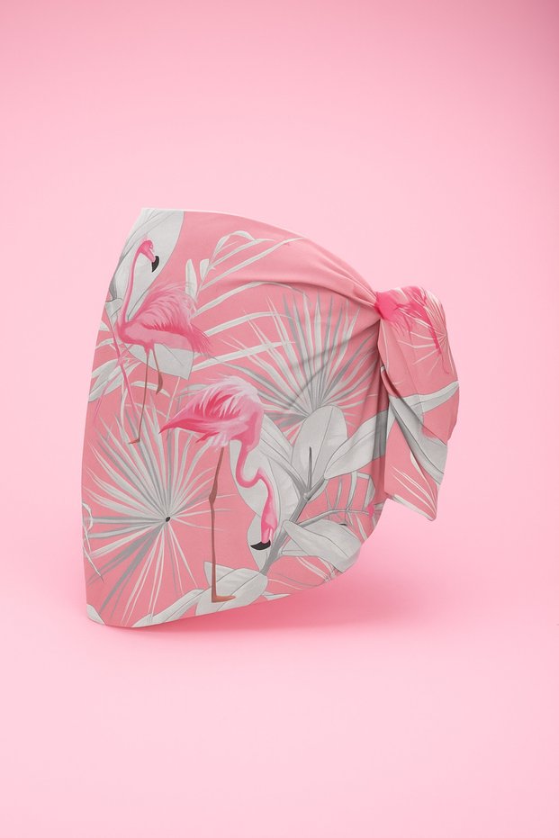 Pink Flamingo Patterned Short Pareo Satin Women's Beach Dress New Season