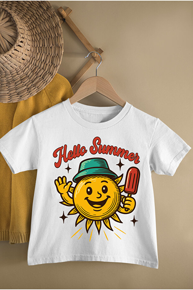 Hello Summer Printed Cotton Crew Neck Short Sleeve Youth and Children's Tshirt