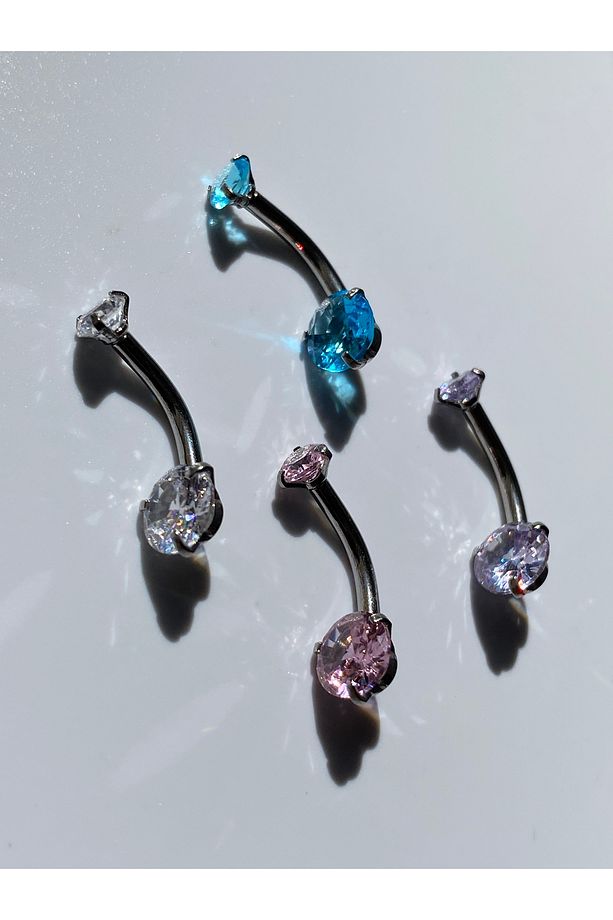 Taşlı Parlak Çelik Göbek Piercing Minik Model - 6