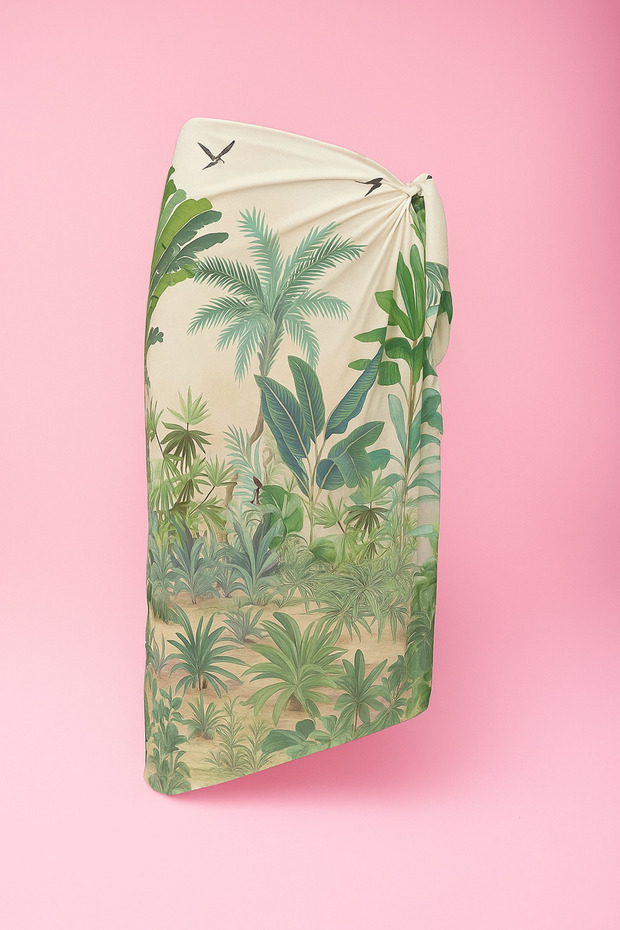 Cream Tropical Forest Patterned Long Pareo Satin Does Not Show Underwear Women's Beach Dress New Season