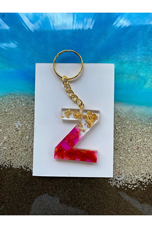 Epoxy Z Letter Pink Keychain with Gold Leaf and Flower Leaf