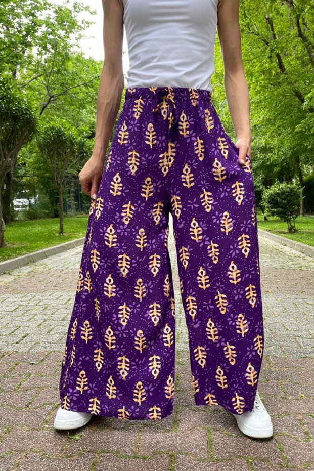 Women's Purple Elastic Waist Ethnic Patterned Wide Leg Trousers with Pockets