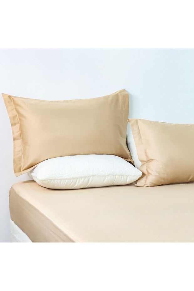 Serene 3 Pc Cotton Queen Fitted Sheet Set-Beige-160x200Cm+35Cm, 50x75Cm|100% Cotton-300 Thread Count