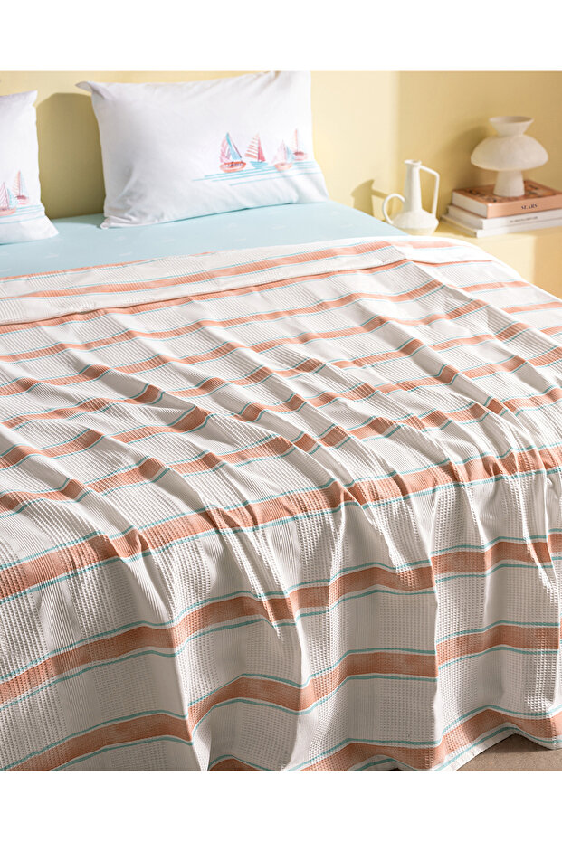 Simone Çift Kişilik %100 Pamuk Karde Baskılı Pike Takımı - Turuncu - 2