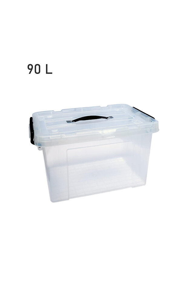 صندوق تخزين بلاستيكي شفاف مع غطاء - قابل للتكديس ومقاوم للرطوبة - سعة 90 لترًا - 1