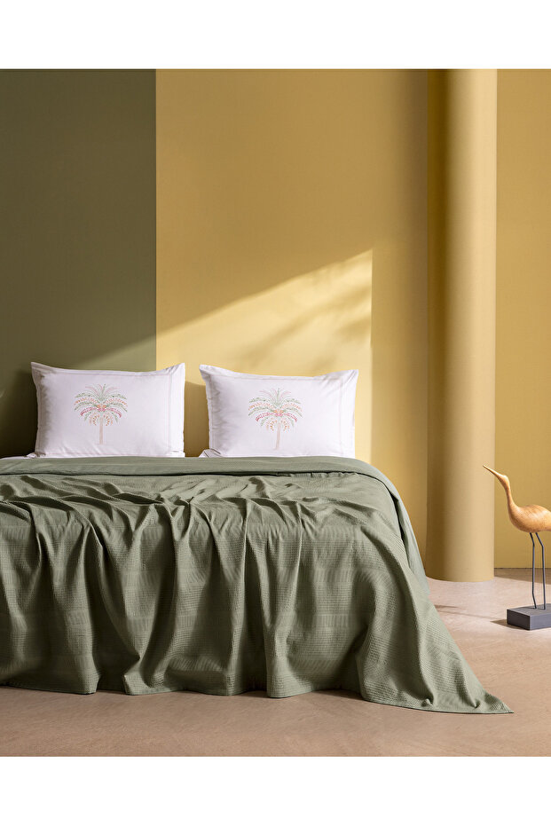 Mathilda Tek Kişilik %100 Pamuk Karde Düz Pike Takımı - Haki - 1