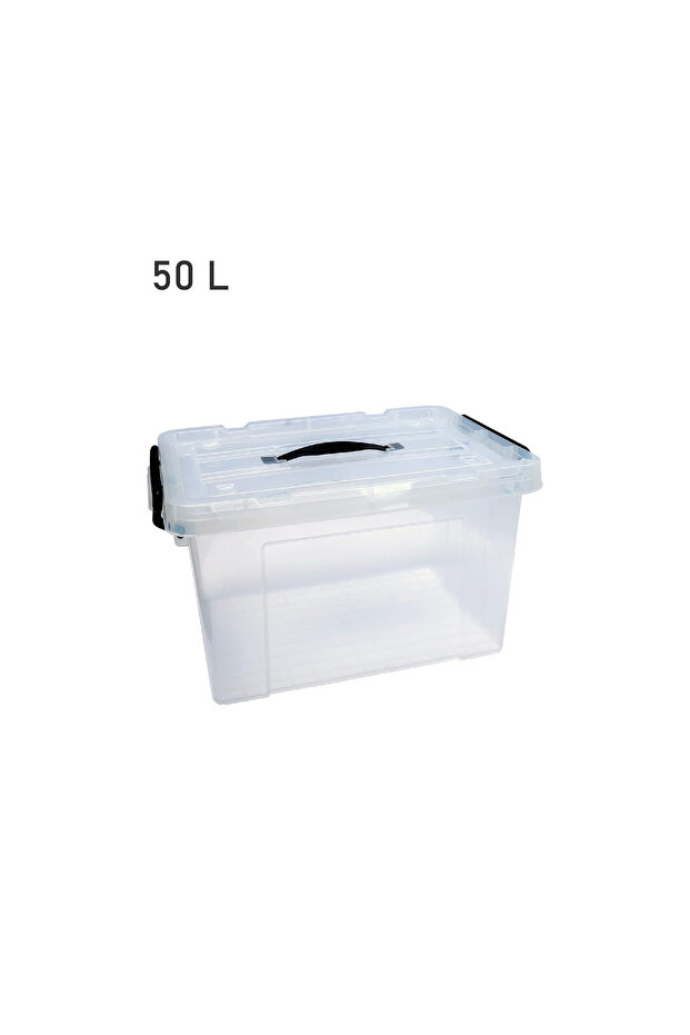 صندوق تخزين بلاستيكي شفاف مع غطاء - قابل للتكديس ومقاوم للرطوبة - 50 لترًا - 1