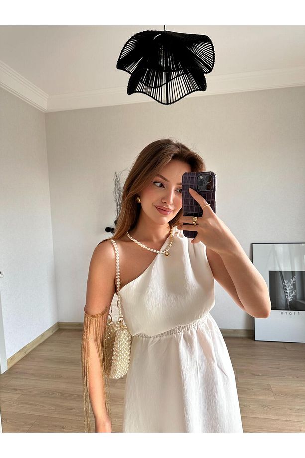 Beli Lastikli Tek Omuz Midi Elbise Ekru - 5