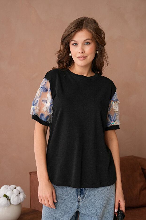 Tül Detaylı Basic T-Shirt - 1