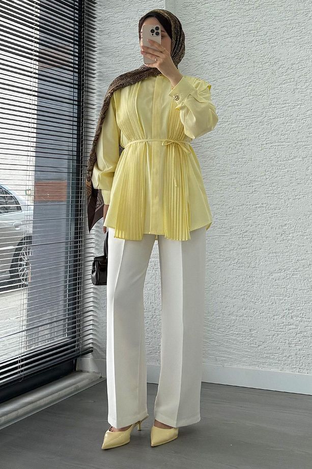 Pliseli Tasarım Poplin Tunik - Sarı - 6