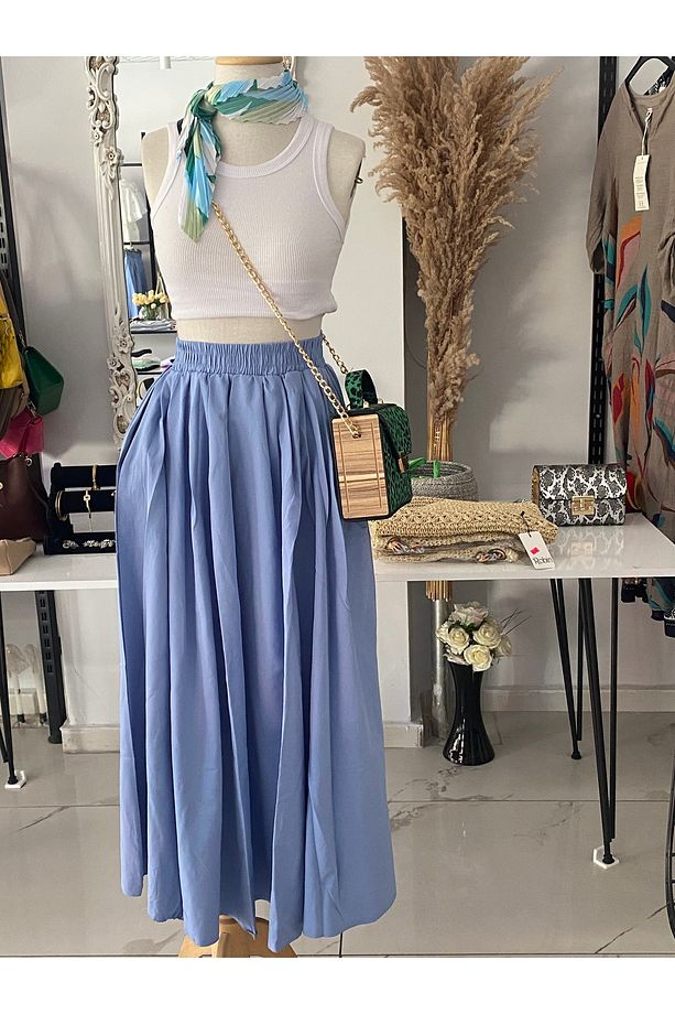 Maxi Boy Beli Kalın Lastikli Basic Kloş Poplin Etek - 6