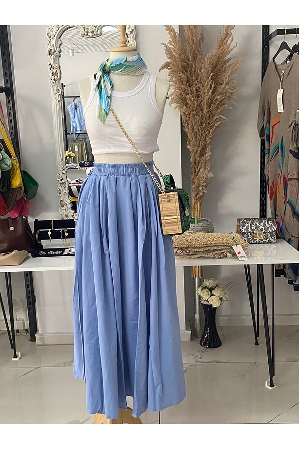 Maxi Boy Beli Kalın Lastikli Basic Kloş Poplin Etek - 7