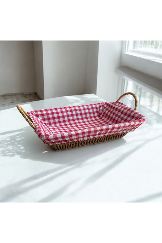 Wicker Look Plastic Bread Basket with Handles and Cloth Di̇rectangle - 600