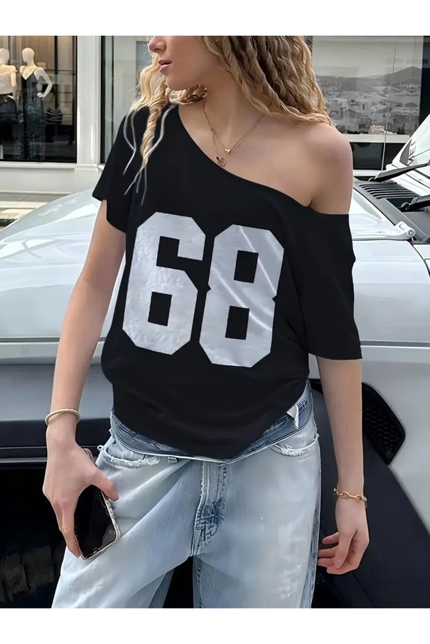 Women's Off Shoulder Boat Neck 68 Printed T-Shirt