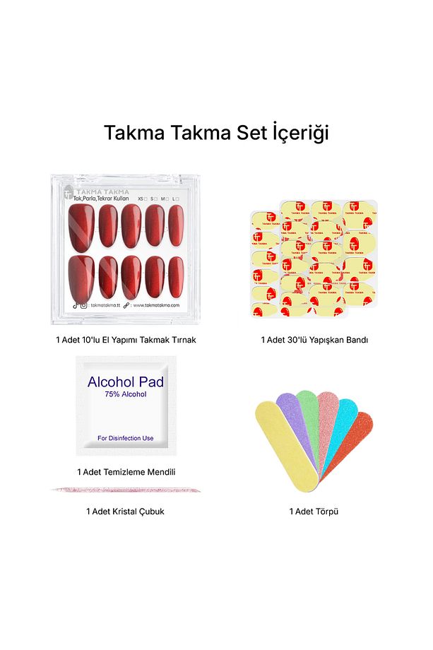 Tekrar Kullanılabilir El Yapımı Protez Takma Tırnak TT1204 - Red Alert - 10'lu M-Kırmızı - 6