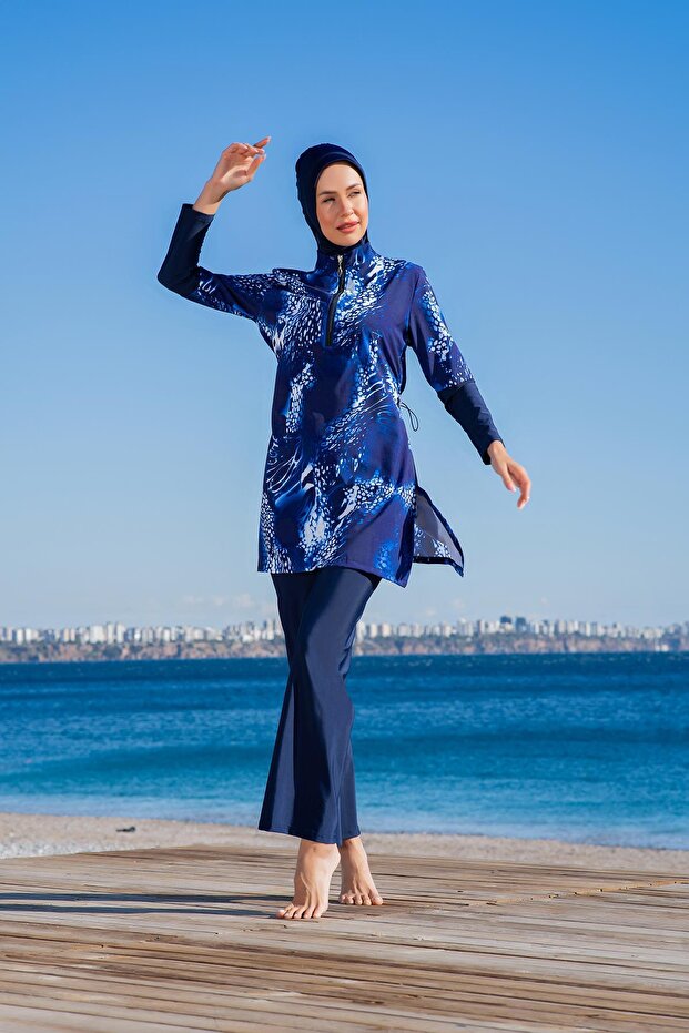 Women's Patterned Navy Blue Hijab Swimsuit Set – Long Sleeve, Zippered C9T1N2O52-1