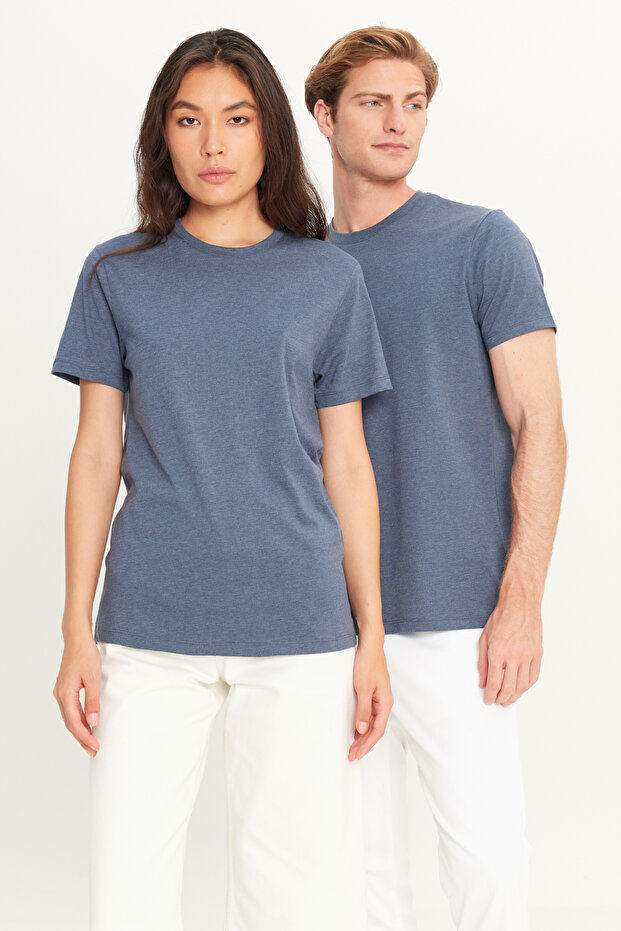 Erkek Indigo Melanj Pamuklu Slim Fit Dar Kesim Bisiklet Yaka Basic Tişört - 2