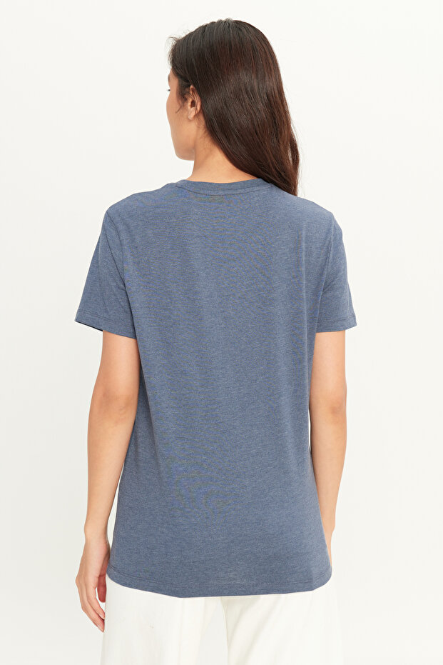 Erkek Indigo Melanj Pamuklu Slim Fit Dar Kesim Bisiklet Yaka Basic Tişört - 10