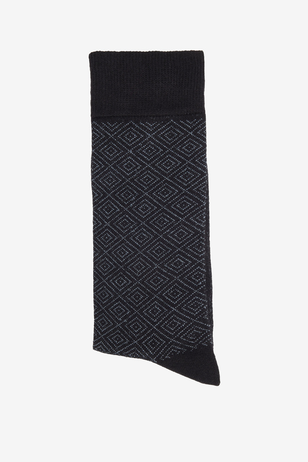 Erkek Siyah-gri Pamuklu Esnek Desenli Tekli Soket Çorap - 2