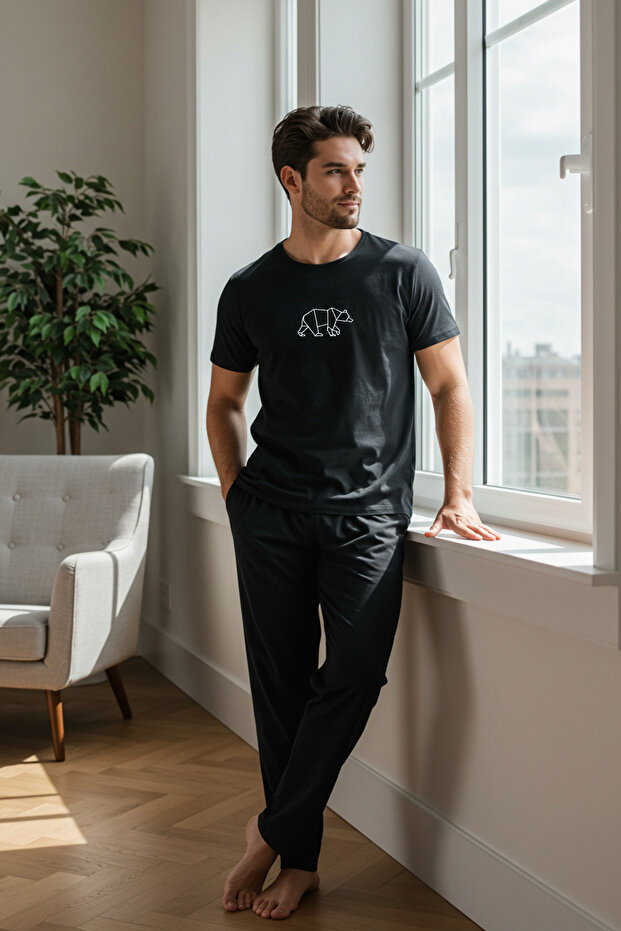 Siyah Regular Fit Nakışlı Örme Pijama Takımı TMNAW25PT00023 - 2