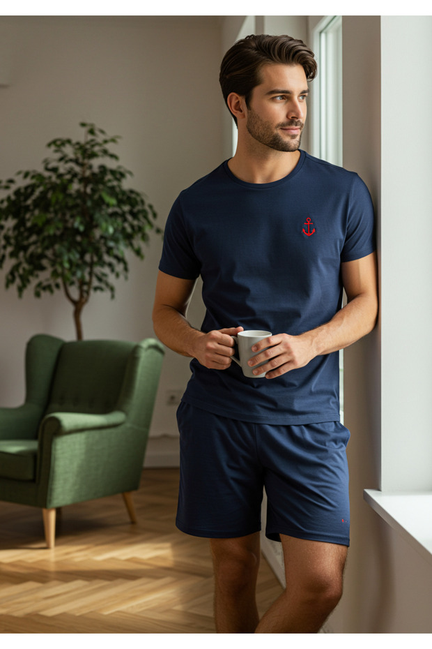 Lacivert Slim Fit Çapa Nakışlı Şortlu Örme Pijama Takımı TMNSS25PT00068 - 1