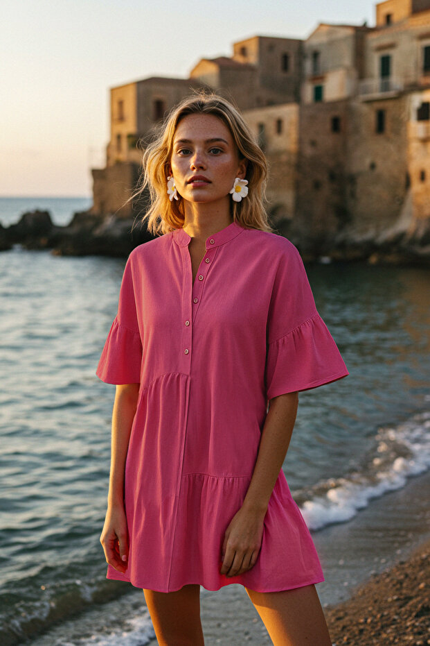 Pembe Dokuma Volanlı Plaj Mini Elbise TBESS20EL0873 - 1