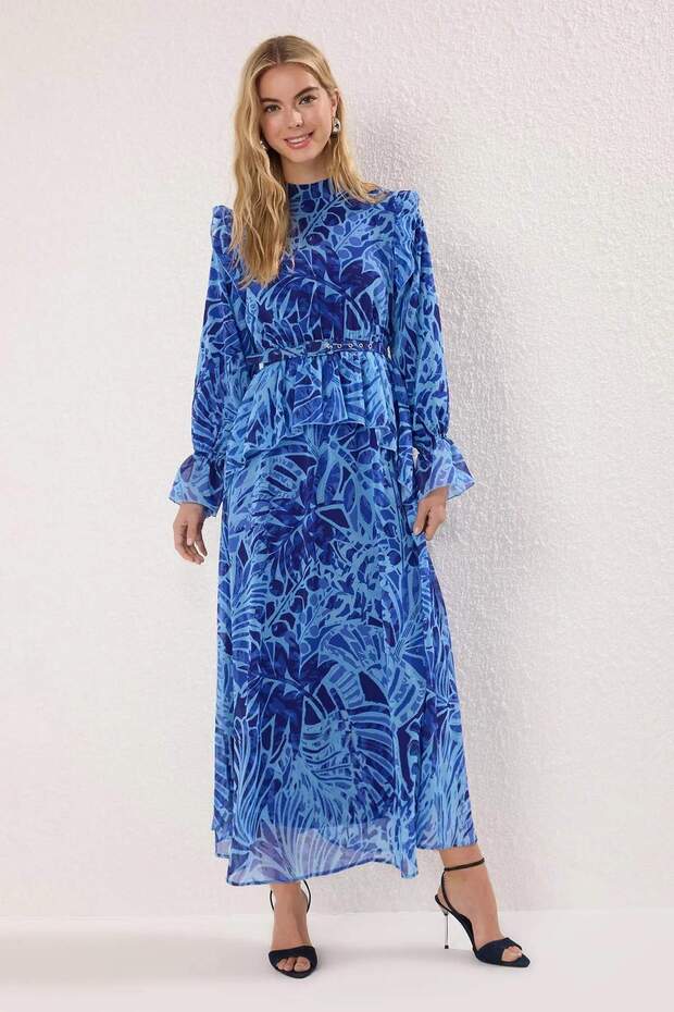 Saks Şifon Astarlı Dokuma Çiçekli Elbise TCTSS25EB00097 - 1