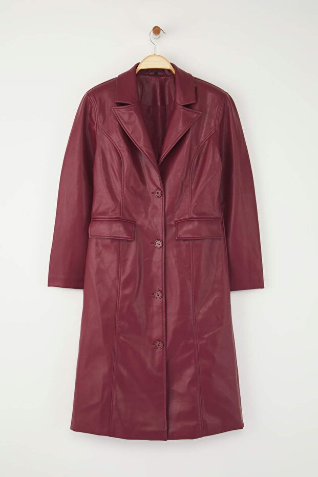 Bordo Suni Deri Mono Kapama Regular Uzun Kaban TWOAW26KB00010 - 7