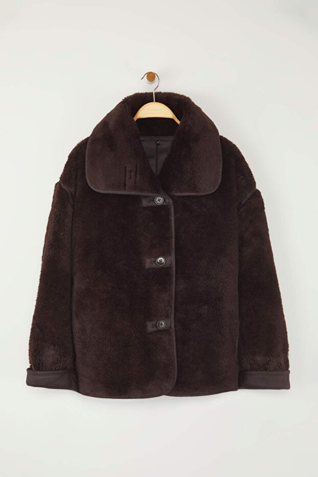 Kahverengi Oversize Kalıp Peluş Büyük Beden Mont TWOAW26AW00016 - 5