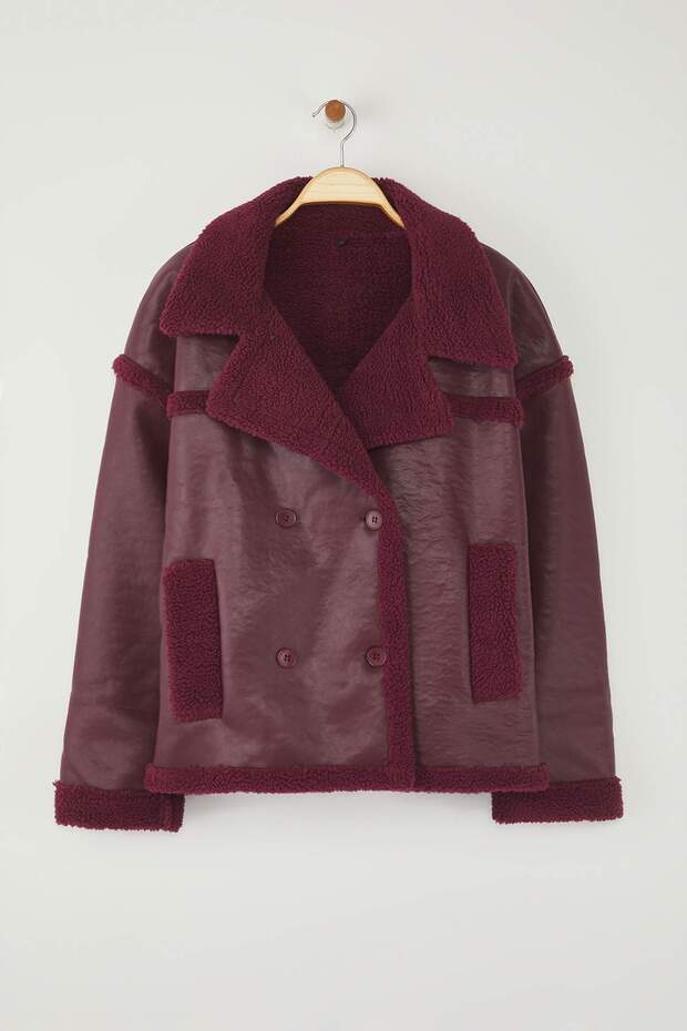 Bordo Peluş Detaylı Suni Deri Biker Ceket Büyük Beden Mont TWOAW26AW00014 - 5