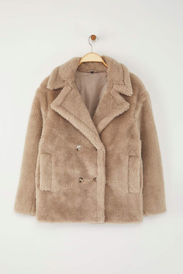 Vizon Kürklü Kruvaze Oversize Kısa Peluş Kaban TWOAW26KB00021 - 6
