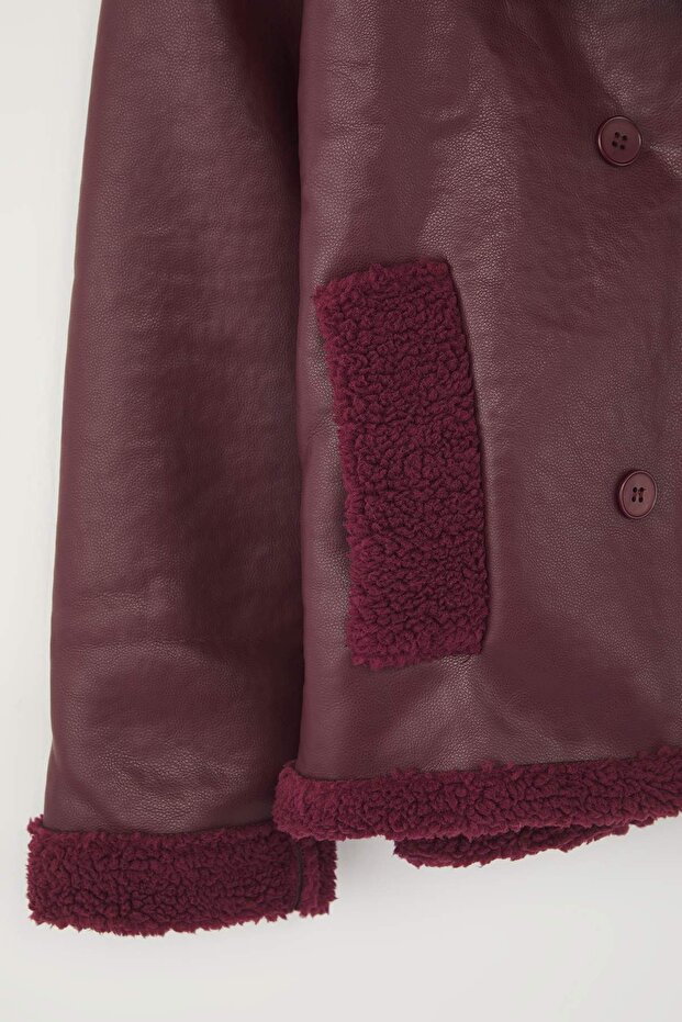 Bordo Peluş Detaylı Suni Deri Biker Ceket Büyük Beden Mont TWOAW26AW00014 - 6