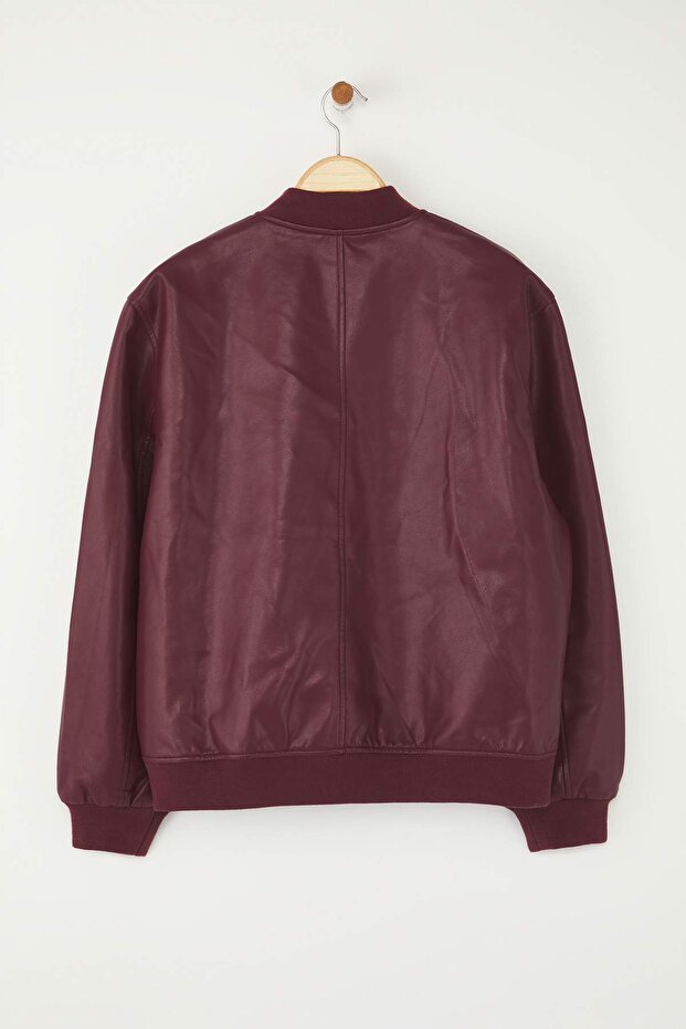 Bordová Regular Fit Faux Leather Bomber Slim Plus Size Jacket Coats TWOAW26AW00002 - 7