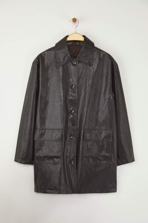 Wardrobe Essentials Koyu Kahverengi Suni Deri Oversize Midi Trençkot TWOAW26TR00009 - 6