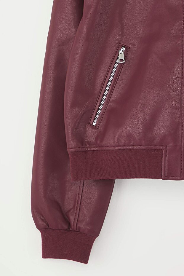 Bordo Regular Kalıp Suni Deri Bomber İnce Ceket Mont TWOAW26MO00084 - 6