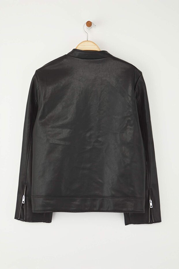 Czarna dopasowana sztuczna skóra Biker Plus Size Cienka kurtka TWOAW26AW00003 - 6