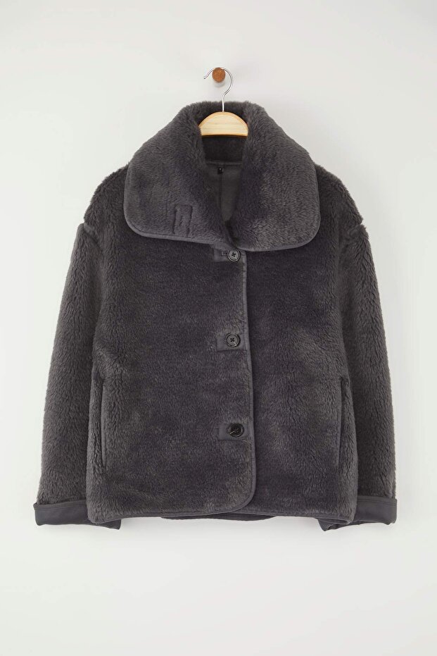 Antrasit Oversize Kalıp Peluş Mont TWOAW26MO00062 - 5