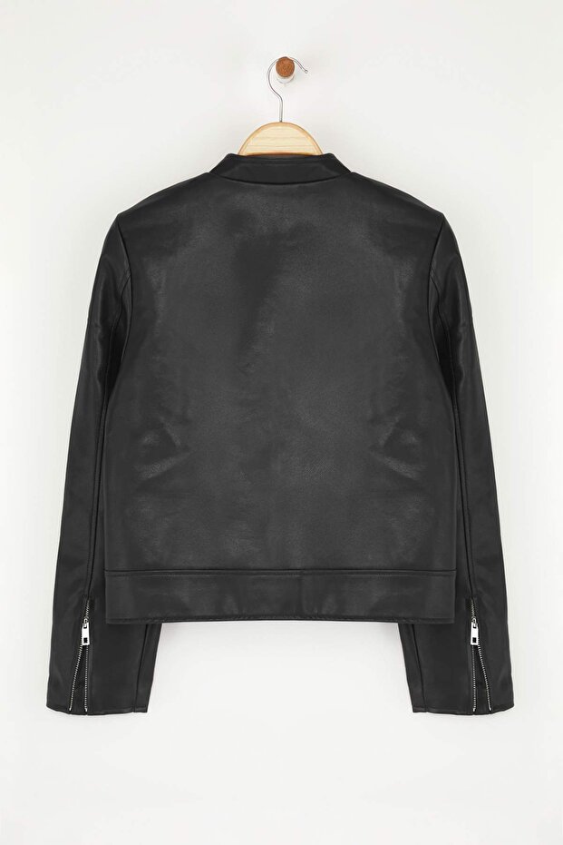 Siyah Fitted Kalıp Suni Deri Biker İnce Ceket Mont TWOAW26MO00085 - 8