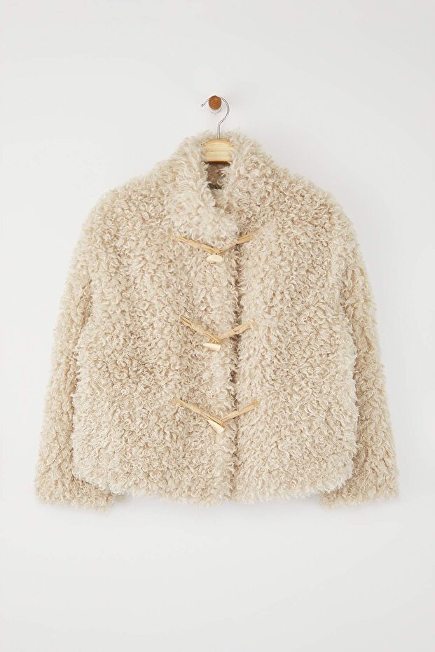 Ecru Regular Fit Shepherd Closure Fur Coat TWOAW26MO00019 - 6