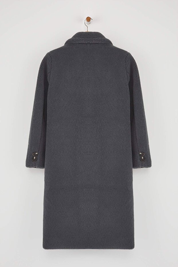Antracit szőrme duplasoros, normál hosszúságú plüsskabát TWOAW26KB00020 - 12