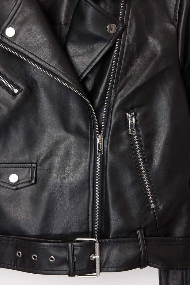 Siyah Regular Kalıp Suni Deri Biker İnce Ceket Mont TWOAW25MO00002 - 9
